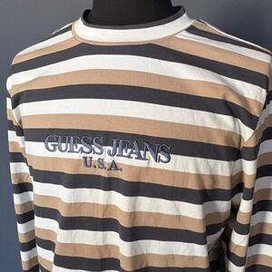 Guess Jeans Shirt‎ | Size Small | Brown Gray Khaki Stripe Vintage USA 90s